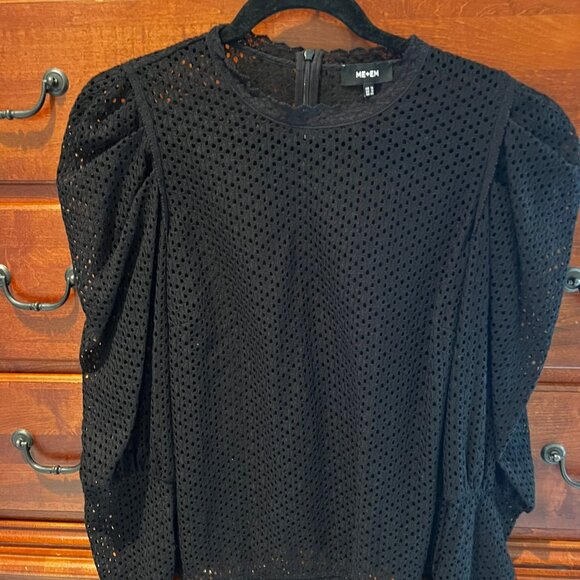 ME + EM Tops - ME + Em Black Crocheted Puff Sleeve Top